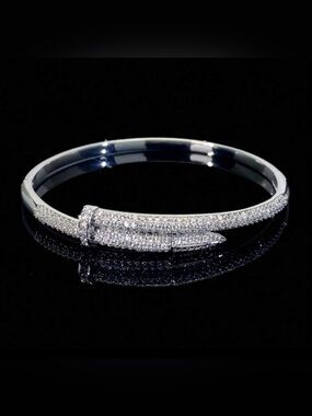 18K Silver Plated Nail Bangle Bracelet with CZ Pave